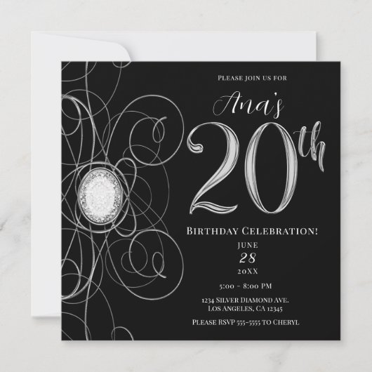 Invitation Black & Silver Diamond 20 20e fête d'anniversaire (Devant)