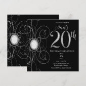 Invitation Black & Silver Diamond 20 20ème fête d'anniversair (Devant / Derrière)
