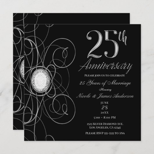 Invitation Black & Silver Diamond 25 25e anniversaire (Devant / Derrière)