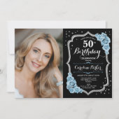 Invitation Black Silver Dusty Blue Photo 50e anniversaire (Devant)