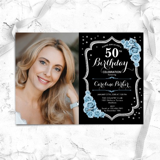 Invitation Black Silver Dusty Blue Photo 50e anniversaire