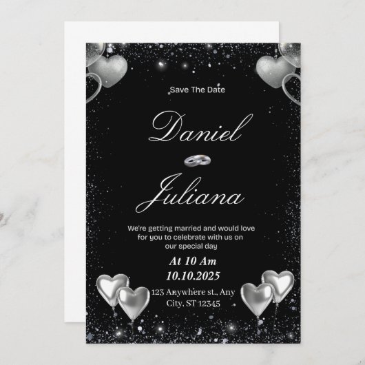 Invitation Black & Silver Enregistrer la date (Devant / Derrière)