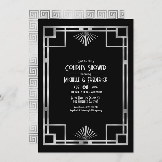 Invitation Black & Silver Gatsby Art Deco Couples Shower (Devant / Derrière)