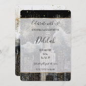 Invitation Black Silver Gold Glam Firework City Birthday (Devant / Derrière)