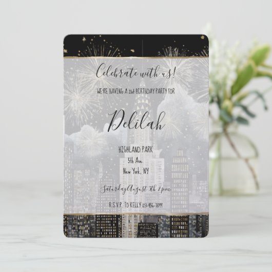 Invitation Black Silver Gold Glam Firework City Birthday (Debout devant)