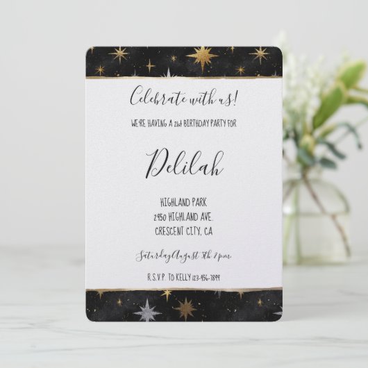 Invitation Black Silver Gold Glam Firework Stars Birthday (Debout devant)
