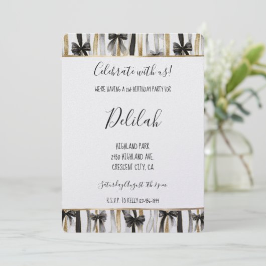 Invitation Black Silver Gold Glam Ribbons & Bows Birthday (Debout devant)