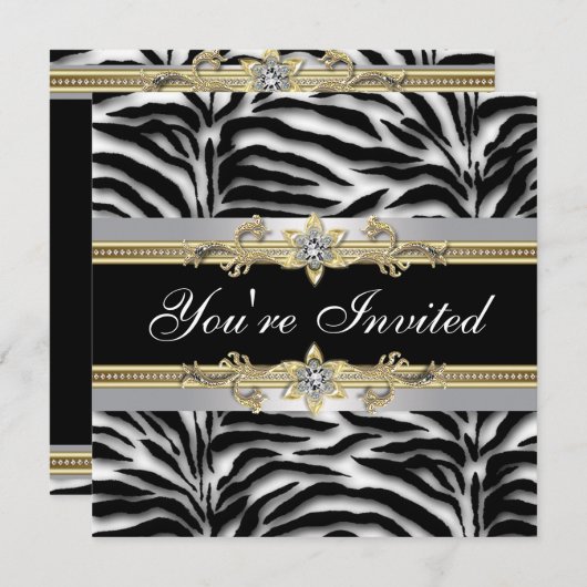 Invitation Black Silver Gold Zebra All Occasion Party (Devant / Derrière)