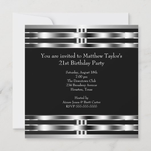 Invitation Black Silver Mens fête d'anniversaire (Dos)