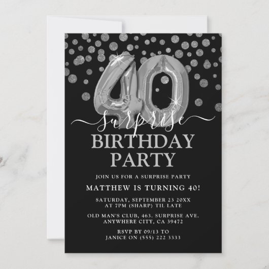 Invitation Black & Silver moderne 40e fête d'anniversaire sur (Devant)