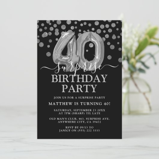 Invitation Black & Silver moderne 40e fête d'anniversaire sur (Debout devant)