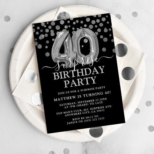 Invitation Black & Silver moderne 40e fête d'anniversaire sur