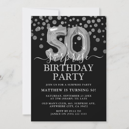 Invitation Black & Silver moderne 50e fête d'anniversaire sur (Devant)