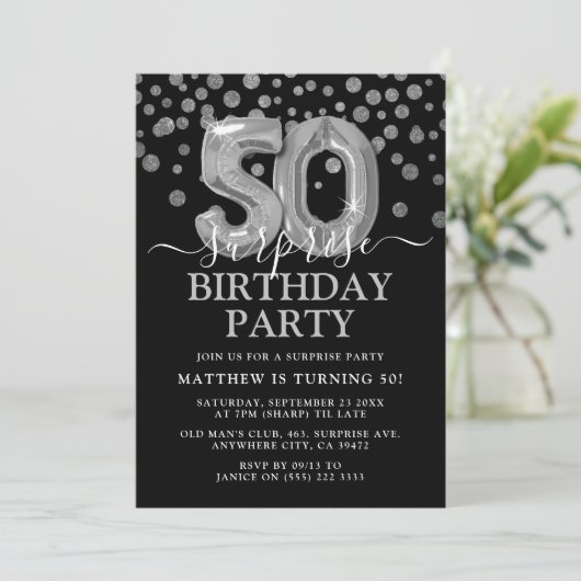 Invitation Black & Silver moderne 50e fête d'anniversaire sur (Debout devant)
