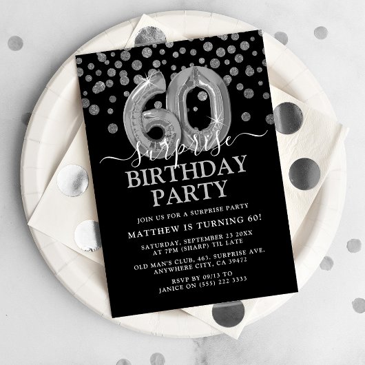 Invitation Black & Silver moderne 60e fête d'anniversaire sur