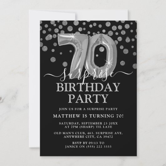 Invitation Black & Silver moderne 70e fête d'anniversaire sur (Devant)