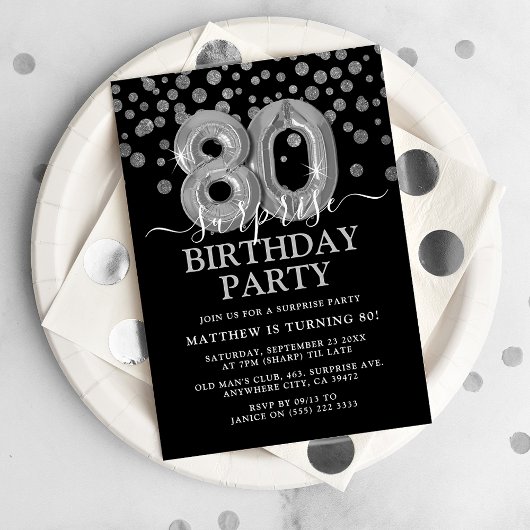 Invitation Black & Silver moderne 80e fête d'anniversaire sur