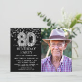 Invitation Black & Silver moderne 80e photo d'anniversaire su (Debout devant)