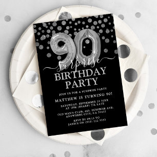 Invitation Black & Silver moderne 90e fête d'anniversaire sur