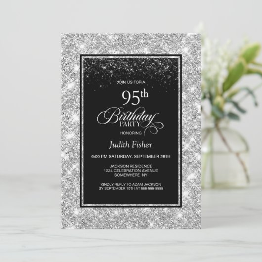 Invitation Black Silver moderne 95e fête d'anniversaire (Debout devant)