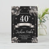 Invitation Black Silver Parties scintillant Ballons 40e fête  (Debout devant)