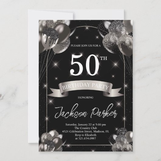 Invitation Black Silver Parties scintillant Ballons 50e fête  (Devant)