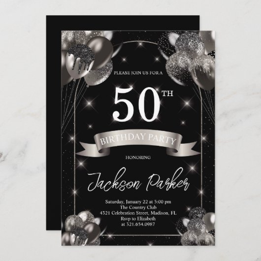 Invitation Black Silver Parties scintillant Ballons 50e fête  (Devant / Derrière)