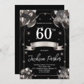 Invitation Black Silver Parties scintillant Ballons 60e fête  (Devant / Derrière)