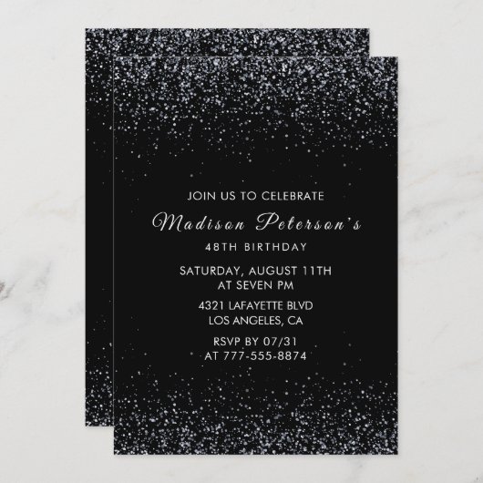 Invitation Black Silver Parties scintillant Glam Chic 48e ann (Devant / Derrière)