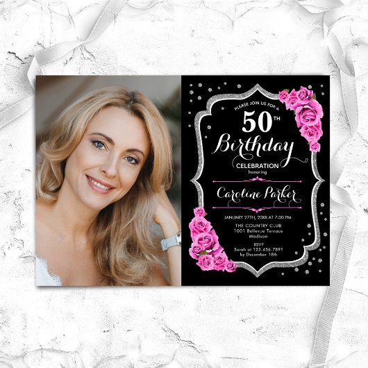 Invitation Black Silver Pink Photo 50e anniversaire