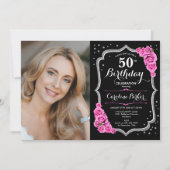 Invitation Black Silver Pink Photo 50e anniversaire (Devant)
