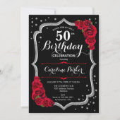 Invitation Black Silver Red Roses Photo 50e anniversaire (Devant)