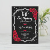 Invitation Black Silver Red Roses Photo 50e anniversaire (Debout devant)