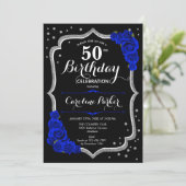 Invitation Black Silver Royal Blue Photo 50e anniversaire (Debout devant)