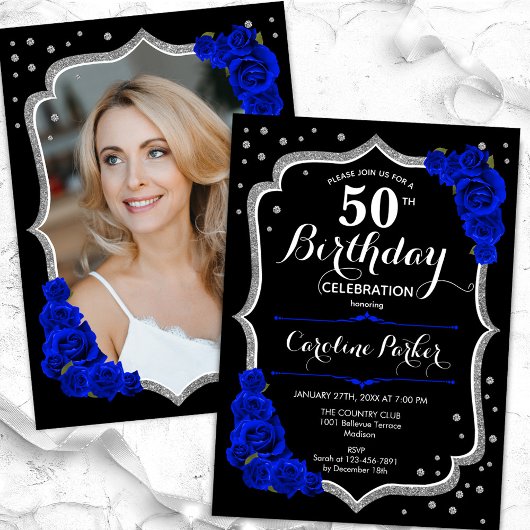 Invitation Black Silver Royal Blue Photo 50e anniversaire