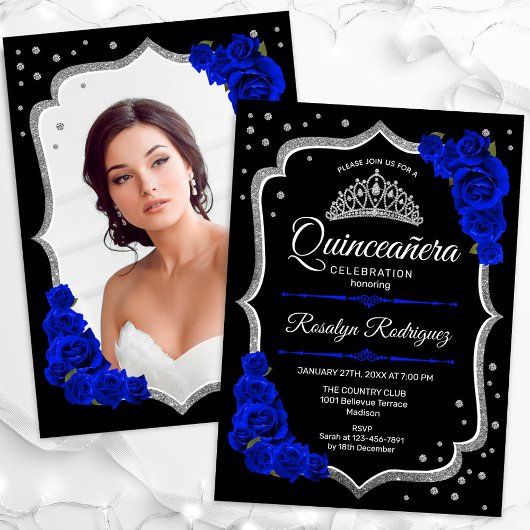 Invitation Black Silver Royal Blue Photo Quinceanera