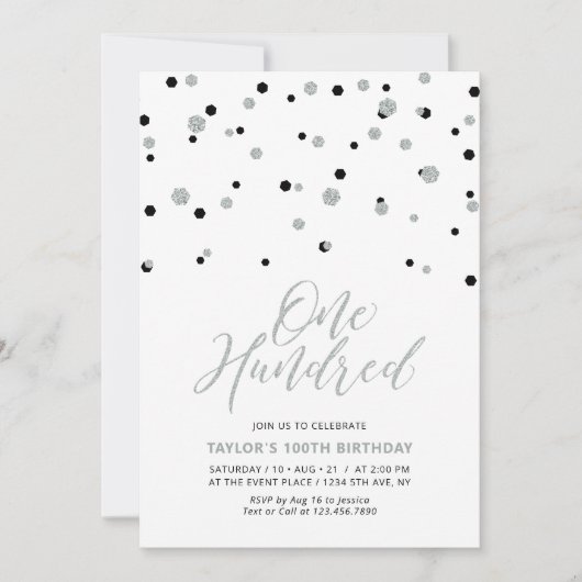 Invitation Black & Silver Simple Cent 100e fête d'anniversair (Devant)