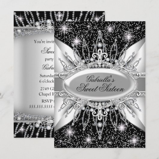 Invitation Black & Silver Sparkle Diamond Sweet 16 (Devant / Derrière)