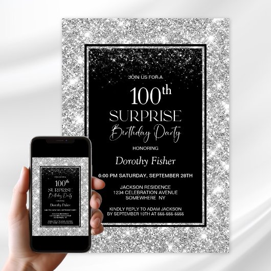 Invitation Black Silver Surprise 100e fête d'anniversaire