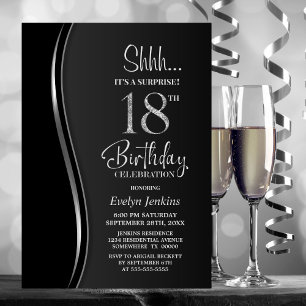 Invitation Black Silver Surprise 18e anniversaire