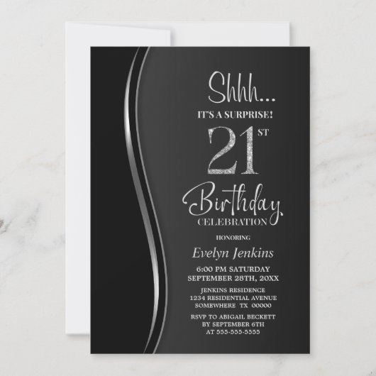 Invitation Black Silver Surprise 21e anniversaire (Devant)