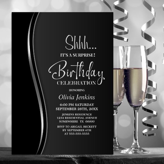 Invitation Black Silver Surprise fête d'anniversaire