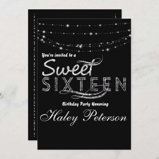 Invitation Black Silver Sweet 16 Parties scintillant Glam Par (Devant / Derrière)