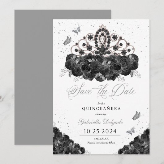 Invitation Black & Silver Tiara Enregistrer La Date Quinceañe (Devant / Derrière)