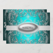 Invitation Black Silver Turquoise fille Filles Fête d'anniver (Devant / Derrière)