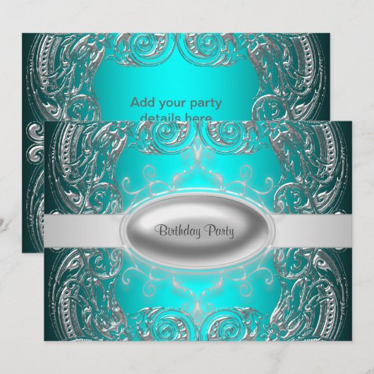 Invitation Black Silver Turquoise fille Filles Fête d'anniver (Devant / Derrière)