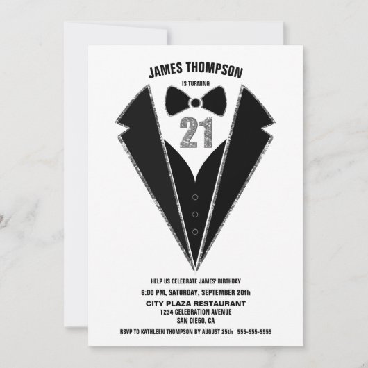 Invitation Black Silver Tuxedo 21e fête d'anniversaire (Devant)