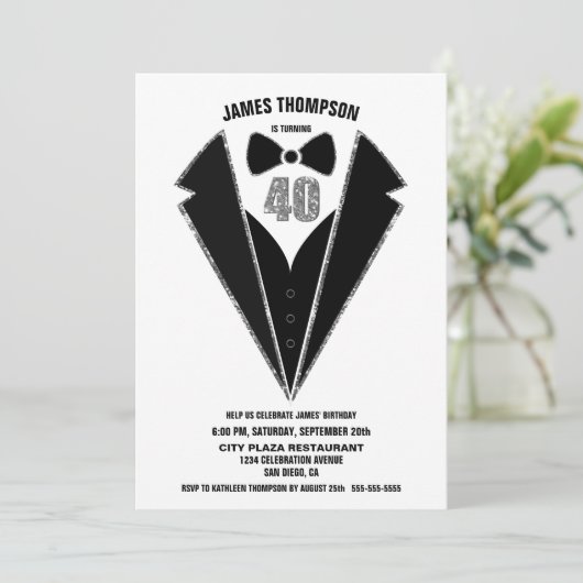 Invitation Black Silver Tuxedo 40e fête d'anniversaire (Debout devant)