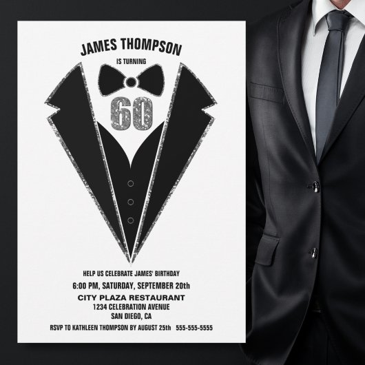 Invitation Black Silver Tuxedo 60th Birthday Party