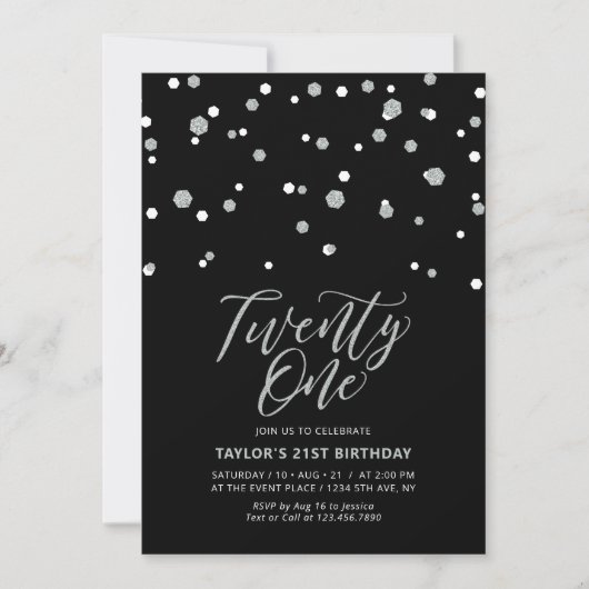 Invitation Black & Silver Vingt et un 21e anniversaire de fêt (Devant)